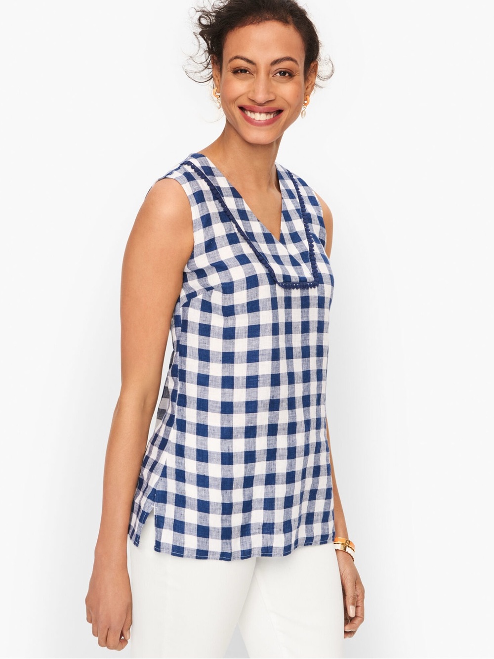 Talbots Linen Shell Plaid Blouse Womens Size Medium Checker Top Blue White